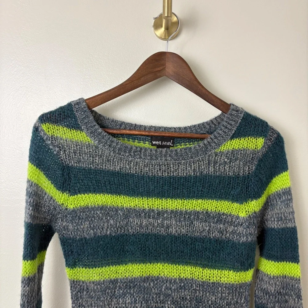 Vintage Y2K Sweater Bella Swan Green Gray‎ Stripe Womens XS Long Sleeves Knit